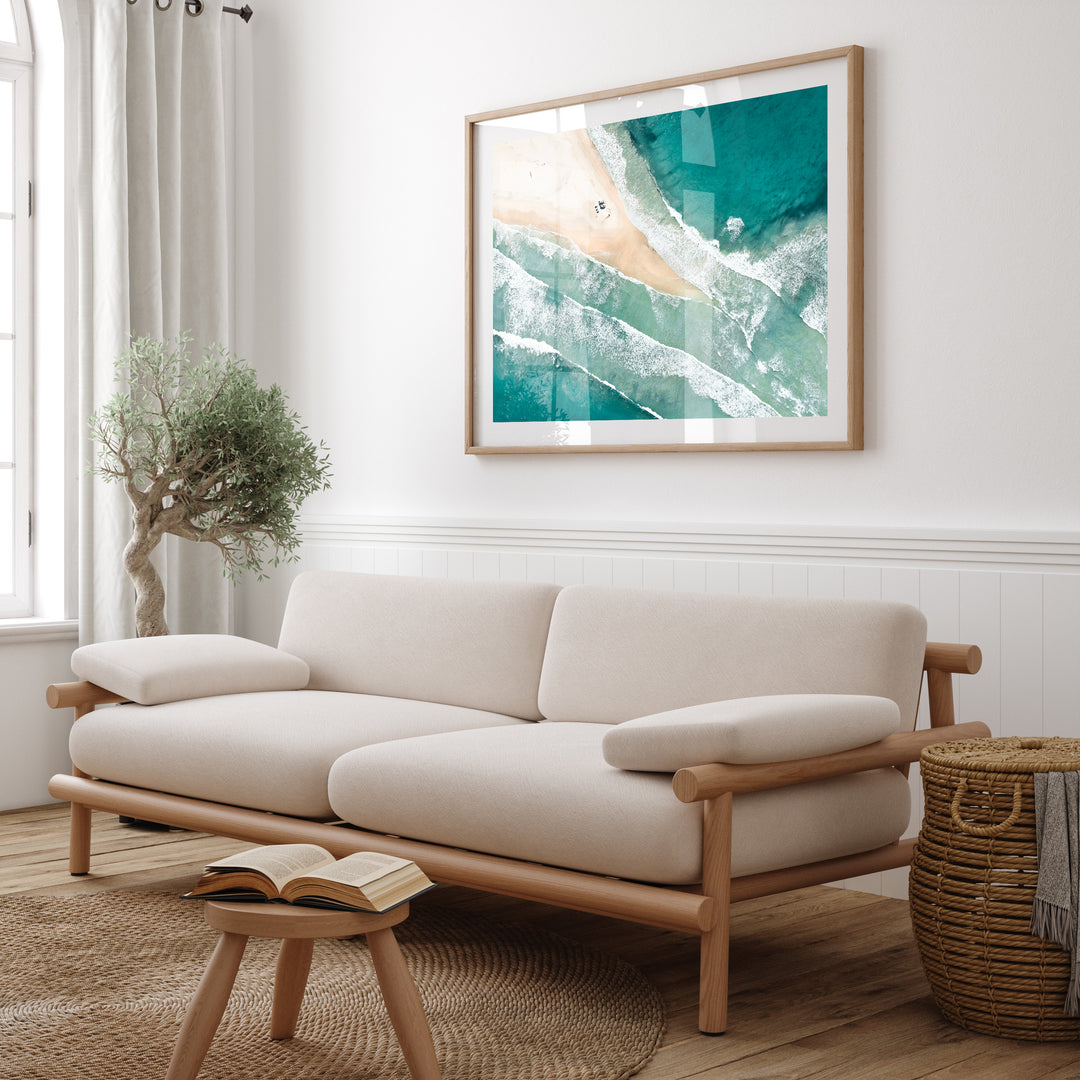 Fingal split wave landscape in oak frame - Port Stephens coastal photography wall art