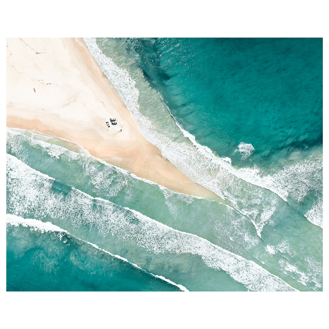 Fingal Beach aerial split-view photograph - unframed coastal wall art for modern homes