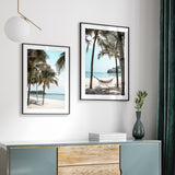 Tropical palm tree by ocean in white frame - coastal landscape wall art for beach homes