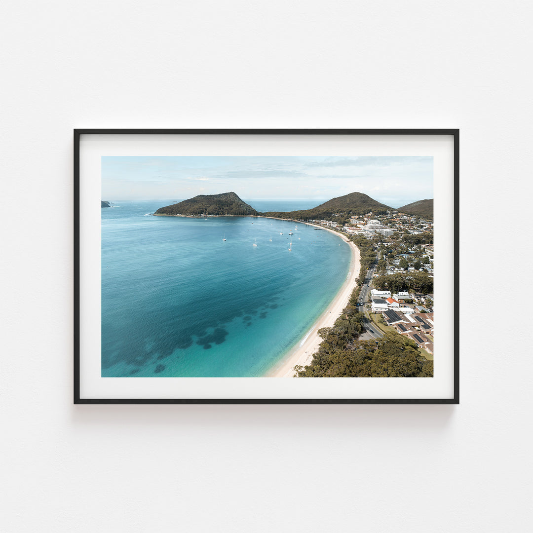Shoal Bay aerial seascape in black frame - coastal Port Stephens photography wall art