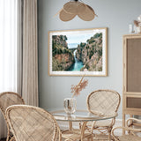 Amalfi Coast boats on blue Mediterranean waters in oak frame - coastal Italy wall art