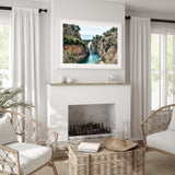 Amalfi coastal boat ride in white frame - Mediterranean seascape wall art for coastal