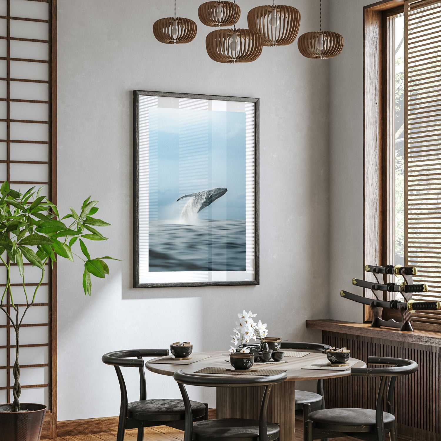 Black Breacher whale swimming aerial photograph in black frame - coastal wall art
