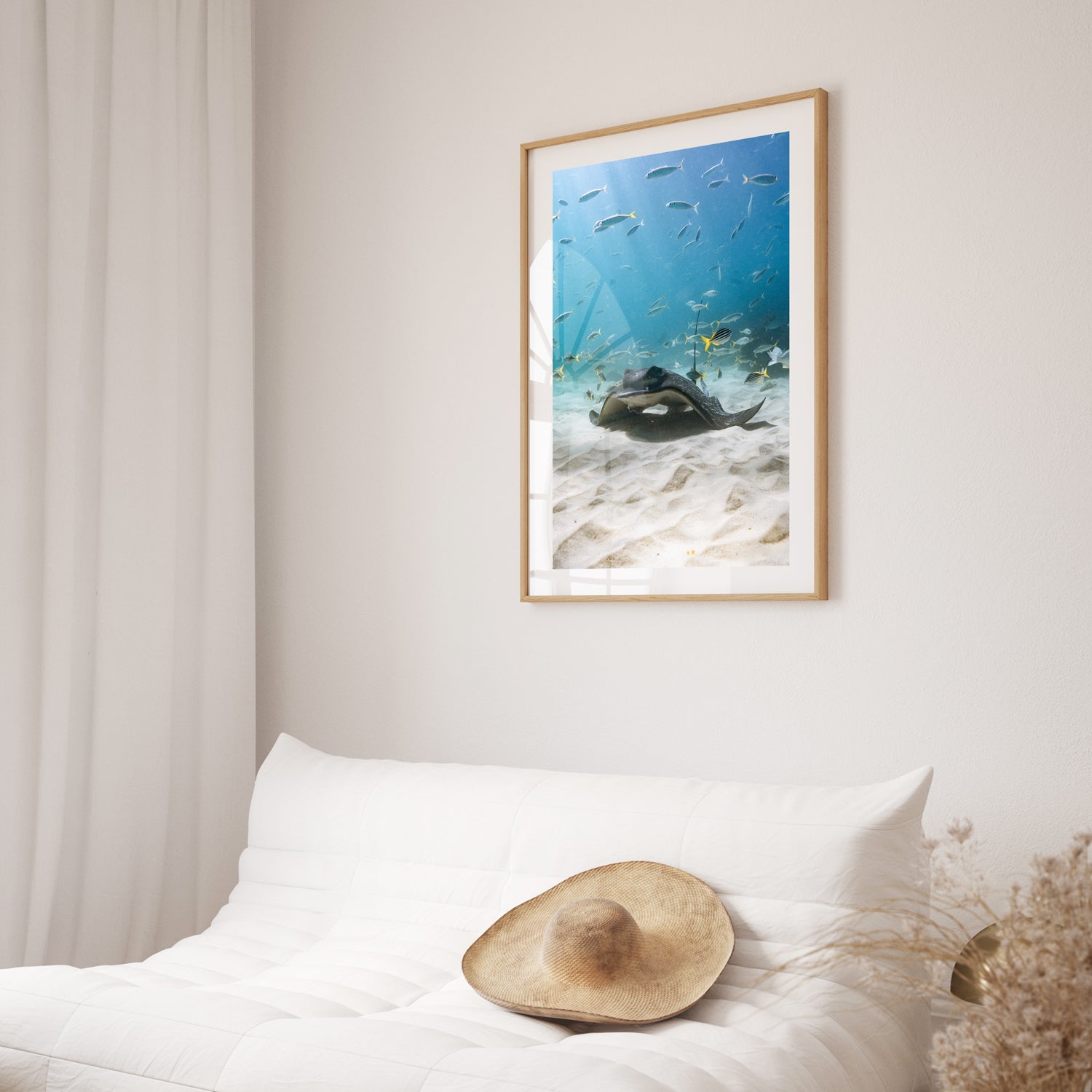 Eagle rays swimming underwater in oak frame - marine life coastal wall art