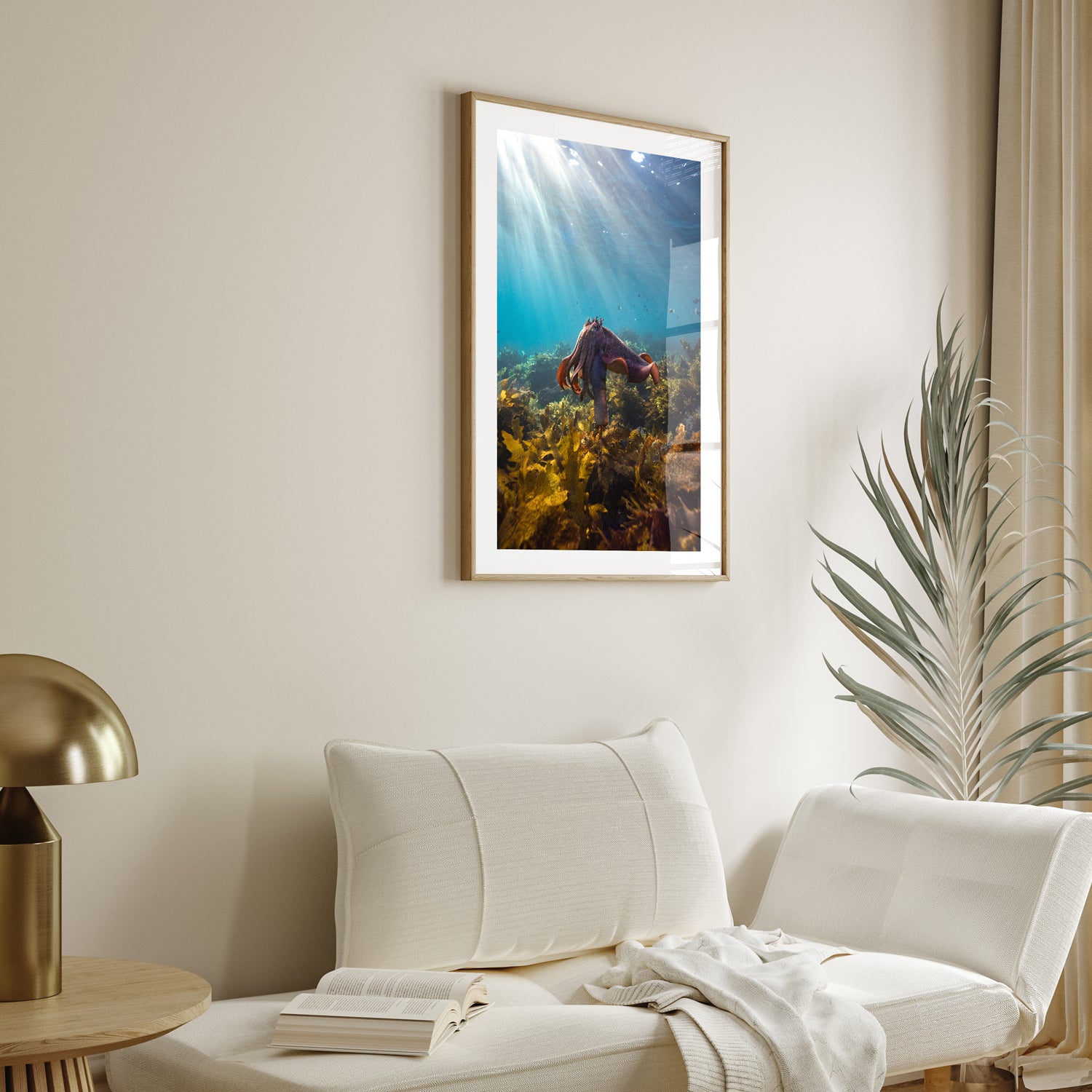 Cuttle King cuttlefish swimming underwater in oak frame - marine life wall art for