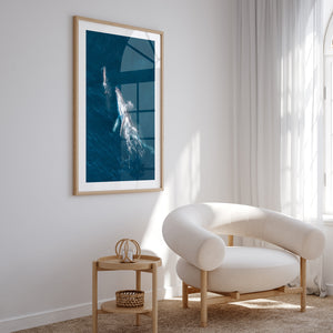 Bondi Beach instinct interactions swimming scene in oak frame - coastal wall art