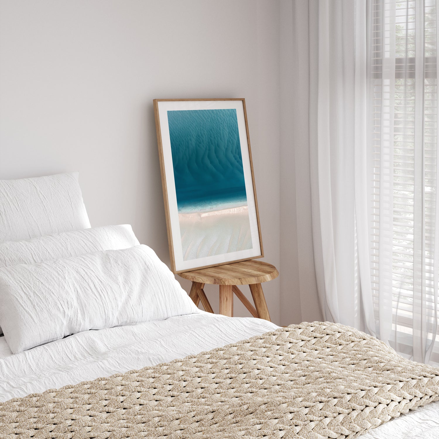 Jervis Bay shoreline aerial view in oak frame - coastal seascape wall art for modern homes