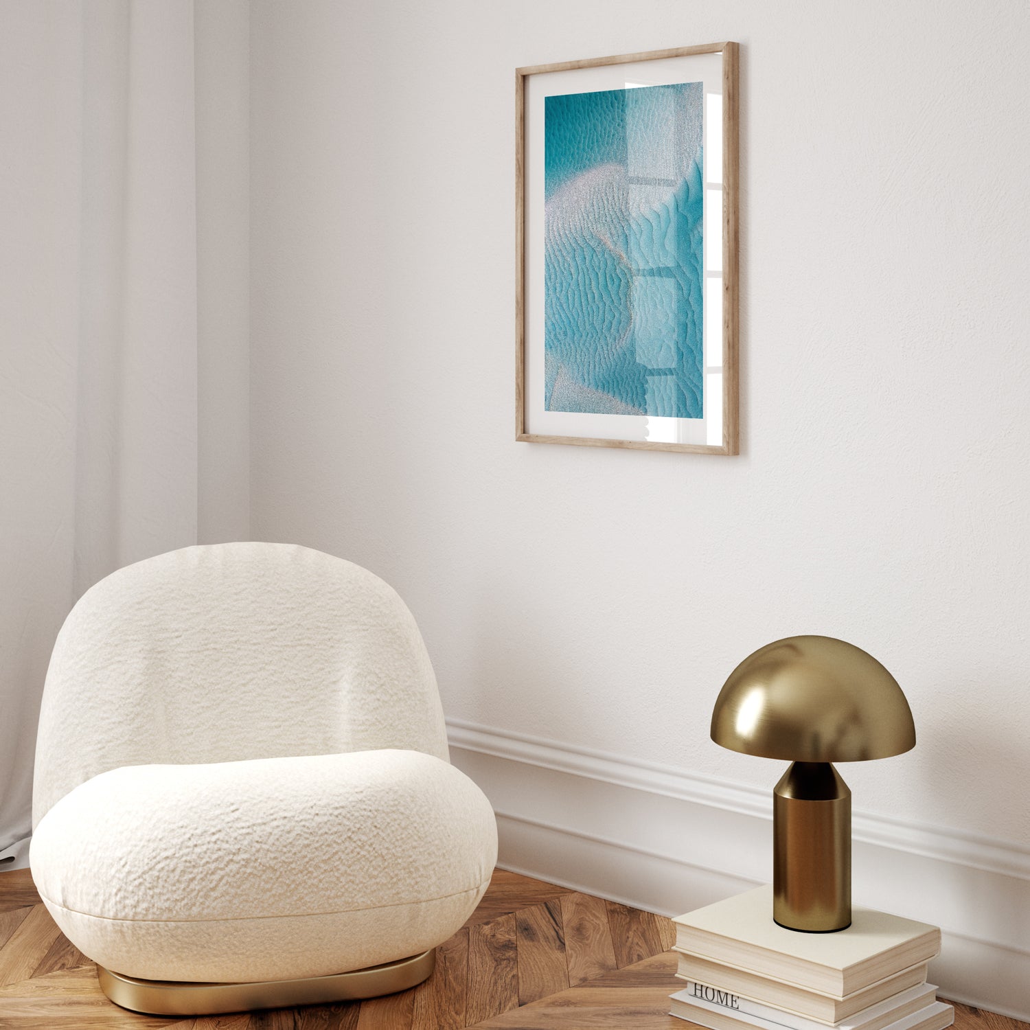 Dragon scale abstract seascape in oak frame - coastal pattern wall art for modern homes