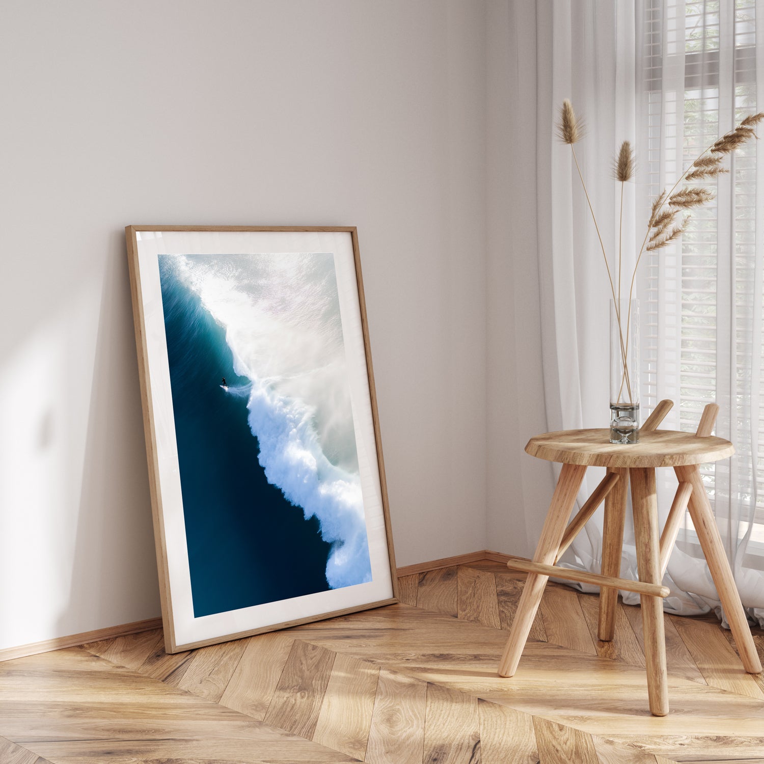 Surfs Up ocean wave photograph in oak frame - coastal lifestyle wall art