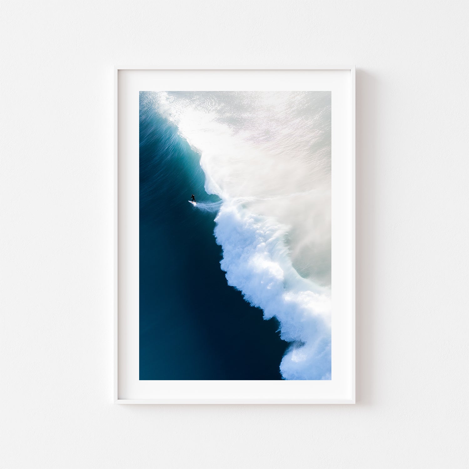 Surfs Up ocean wave in white frame - coastal seascape wall art for modern beach homes
