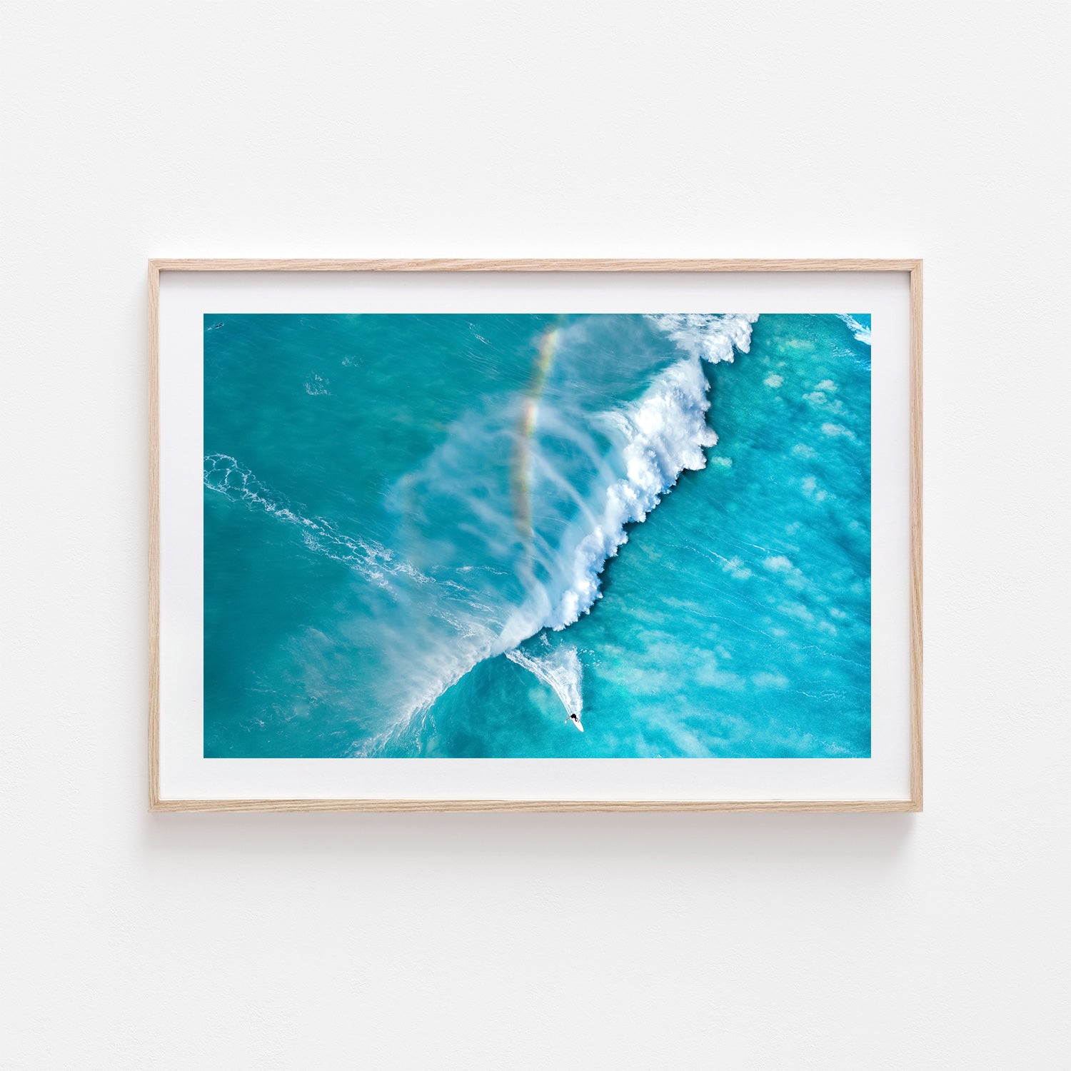 Rainbow Crush abstract coastal waves in oak frame - modern beach house wall art