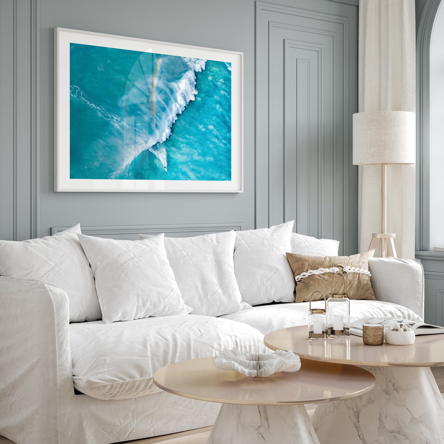 Rainbow Crush abstract coastal colors in white frame - contemporary beach house wall art