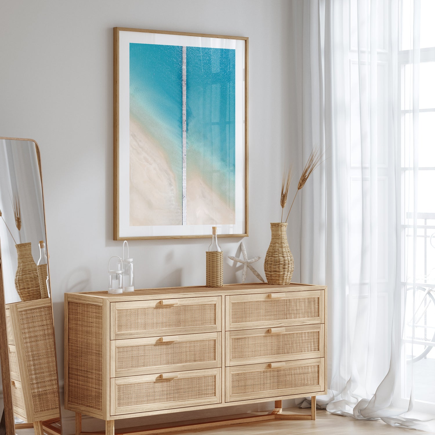 Shallow ocean splits aerial view in oak frame - coastal landscape wall art
