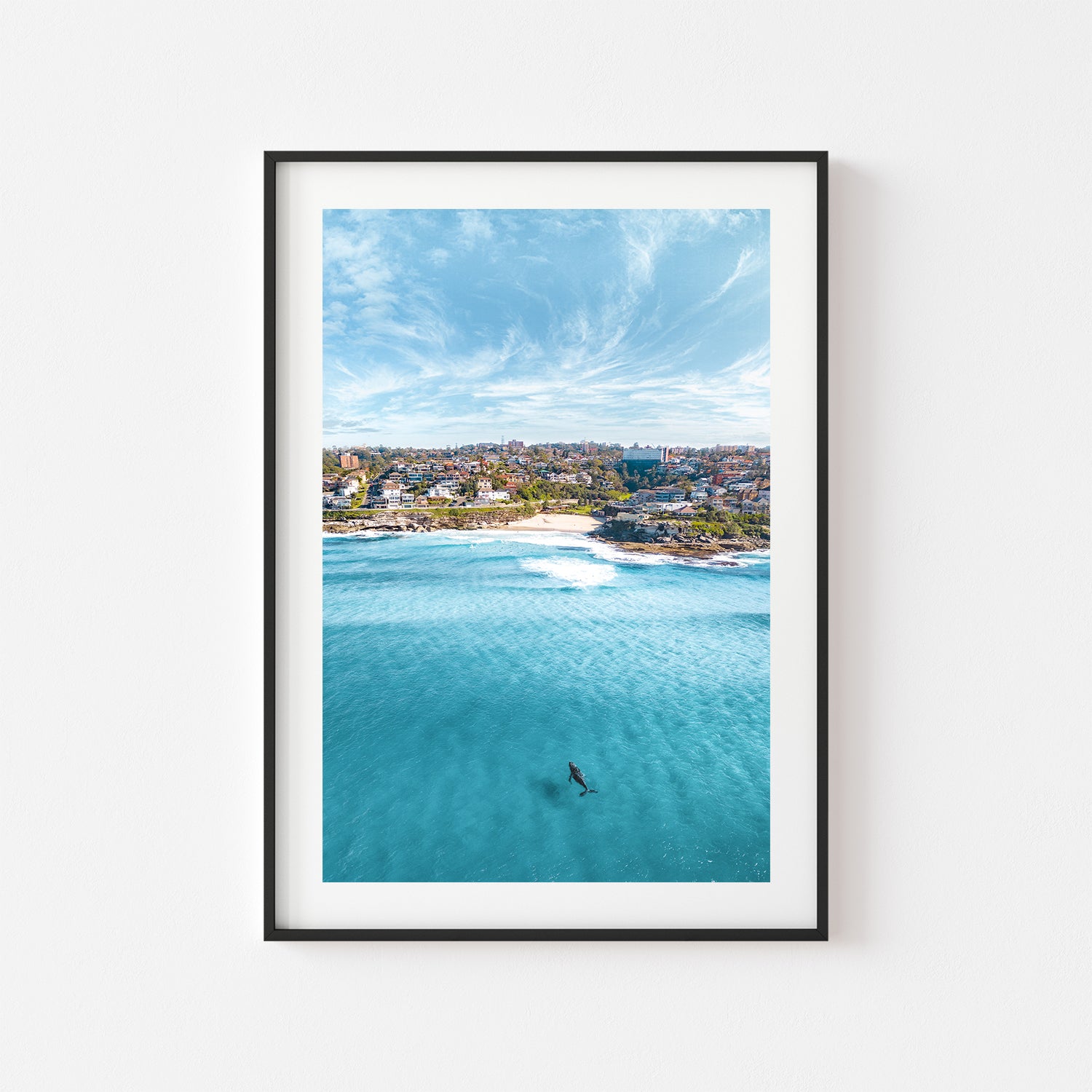 Curious sea creature swimming underwater in black frame - marine life coastal wall art