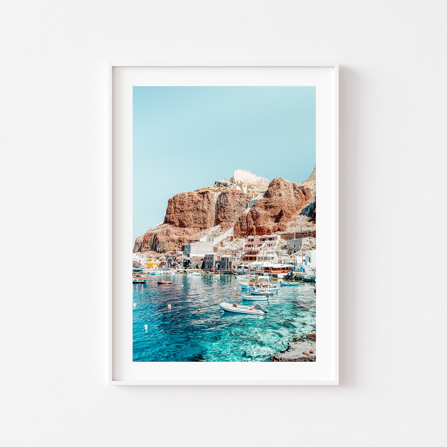 Ammoudi Bay Santorini aerial view in white frame - Mediterranean coastal photography wall