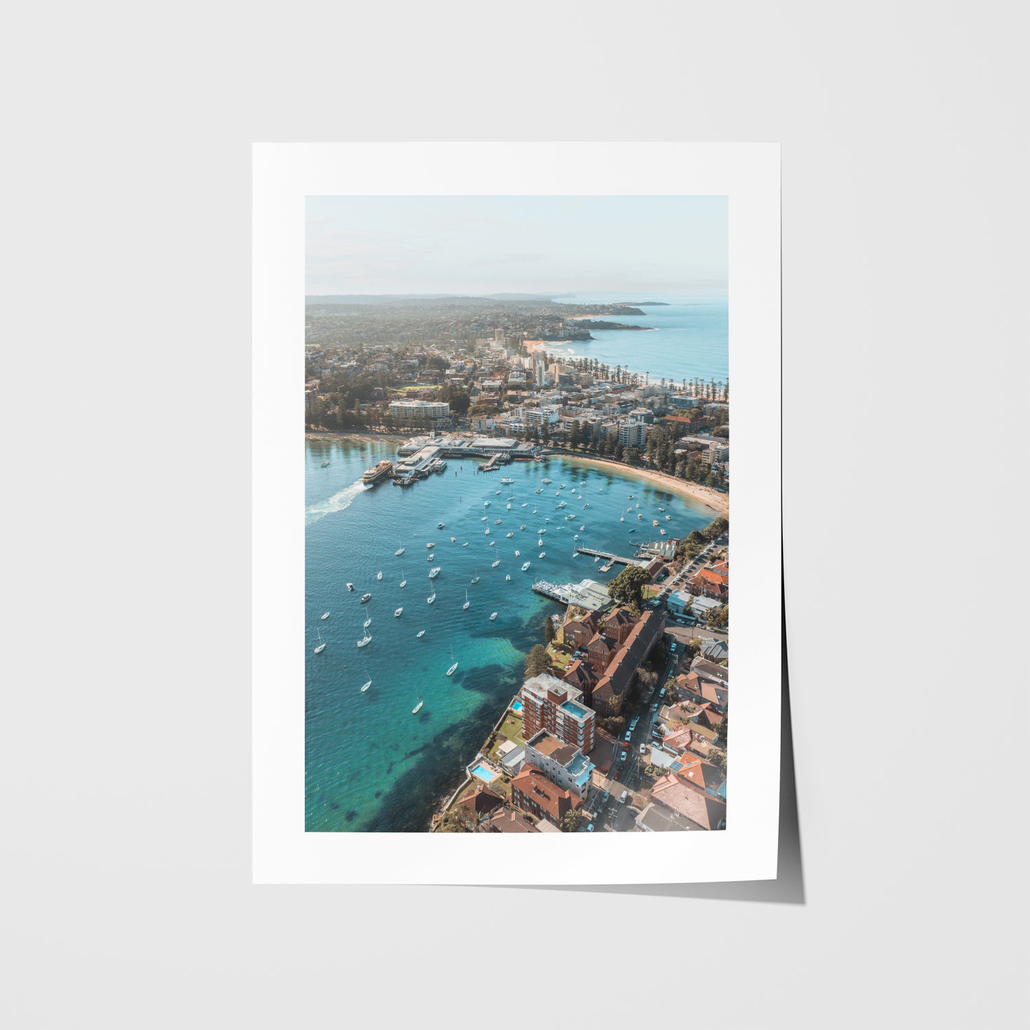 Above East Manly aerial view in white frame - coastal beach photography wall art