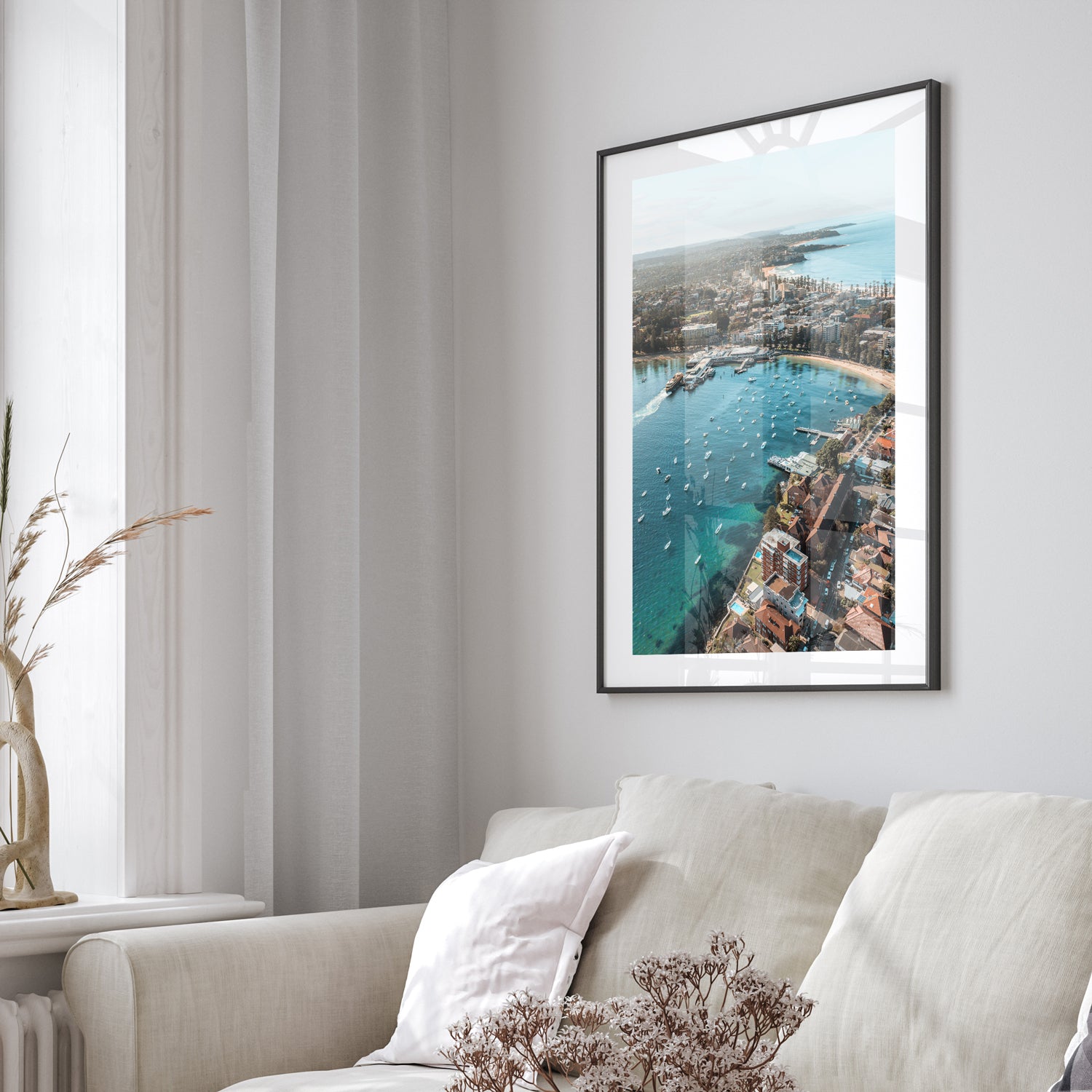 East Manly aerial view in black frame - coastal beach photography wall art