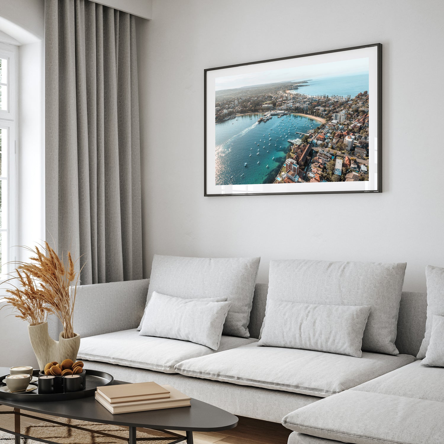 East Manly aerial seascape in black frame - coastal photography wall art