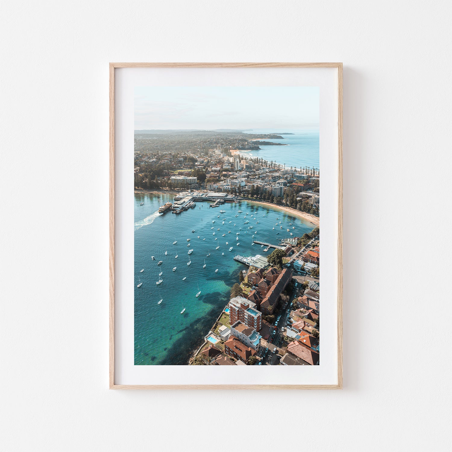 Aerial view of East Manly coastline in oak frame - coastal landscape photography wall art