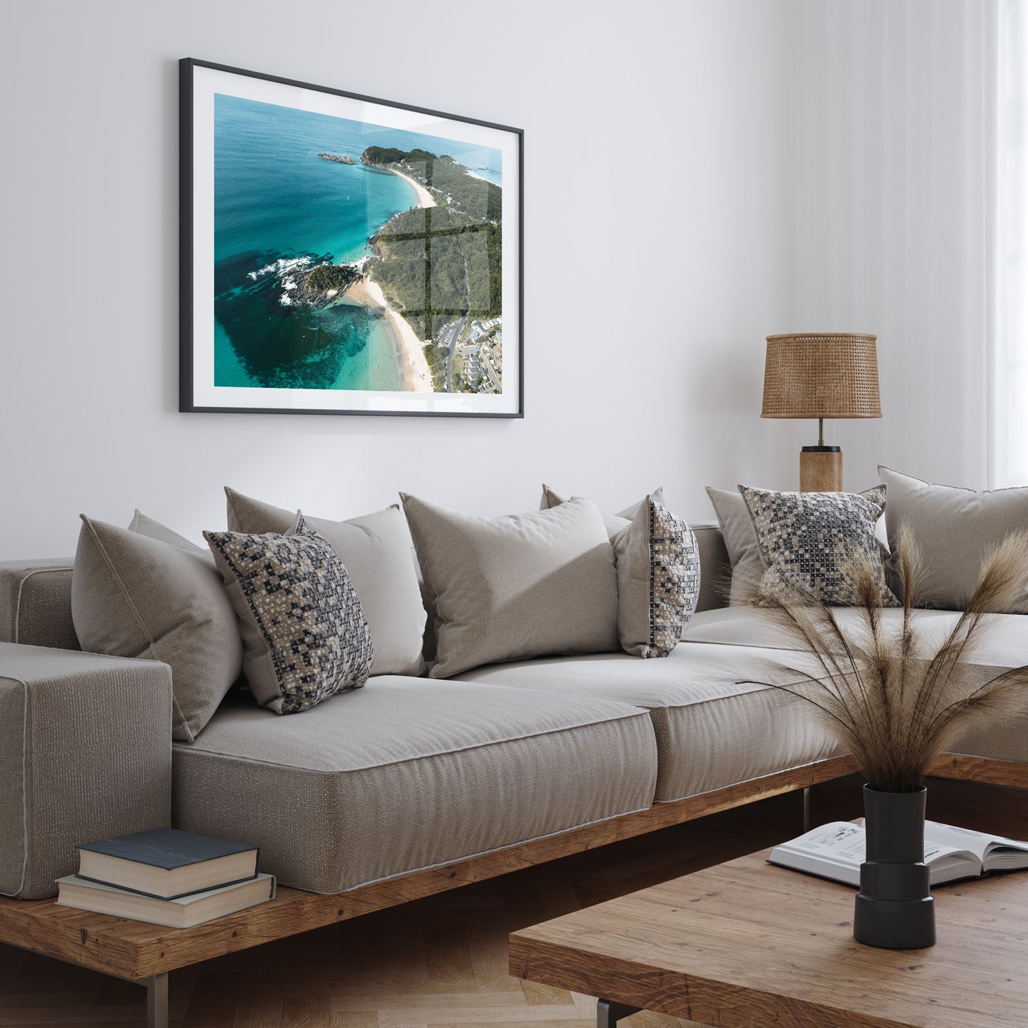 Seal Rocks aerial coastal landscape in black frame - beach photography wall art