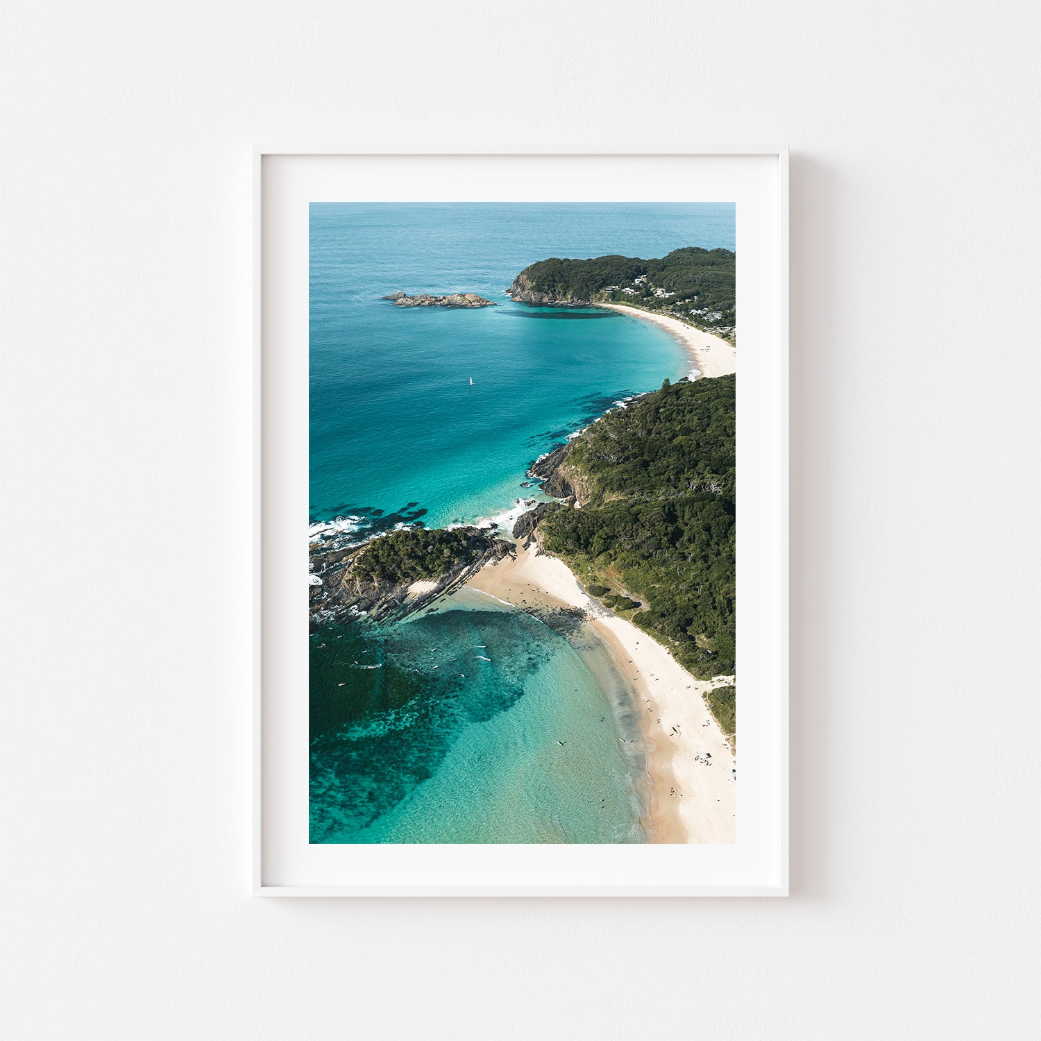 Seal Rocks aerial seascape in white frame - Australian coastal photography wall art