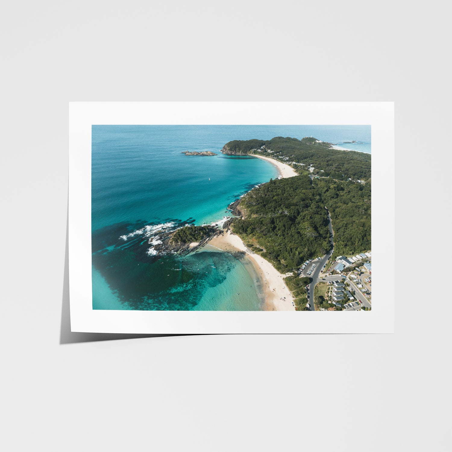 Seal Rocks aerial coastal view in white frame - Australian beach landscape wall art