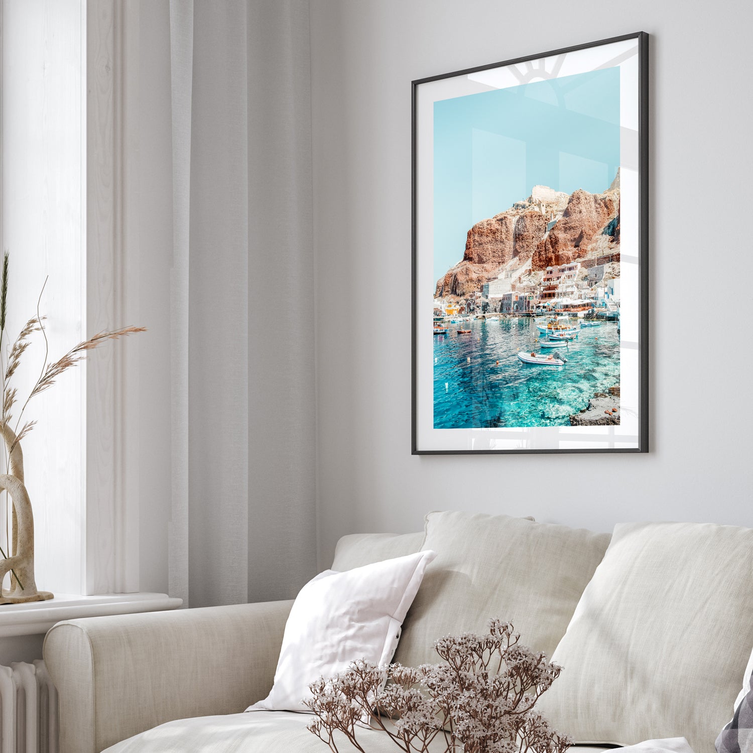 Ammoudi Bay Santorini seascape in black frame - Mediterranean coastal photography wall art