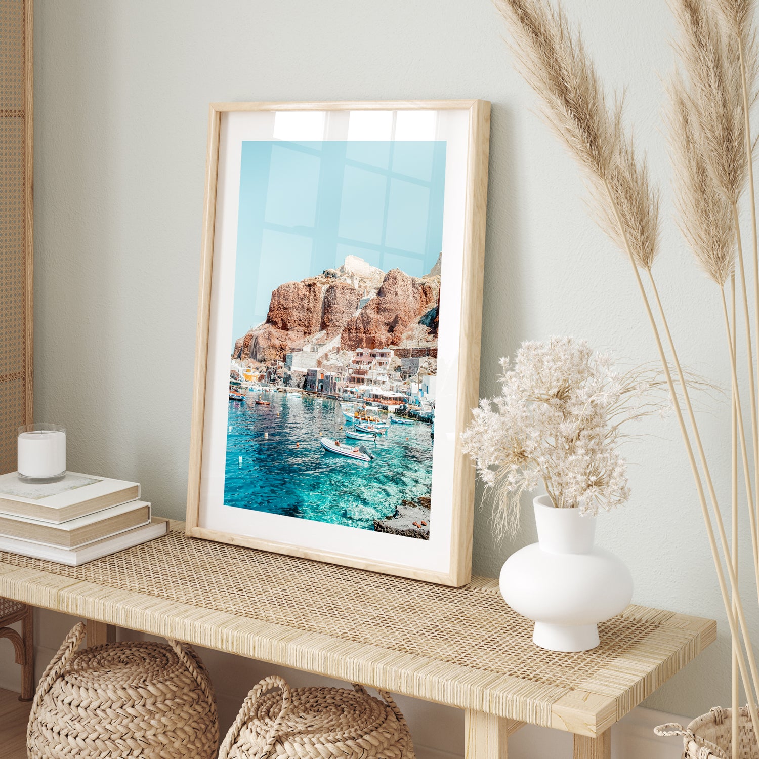 Ammoudi Bay Santorini coastal view in oak frame - Mediterranean seascape wall art