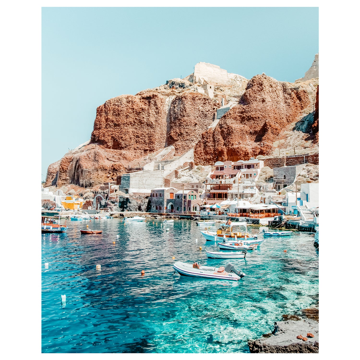 Ammoudi Bay aerial view of Santorini cliffs - Mediterranean seascape photography wall art