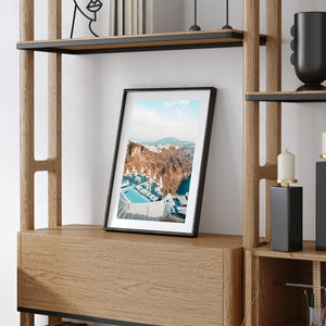 Santorini balcony overlooking Aegean Sea in black frame - Mediterranean coastal wall art
