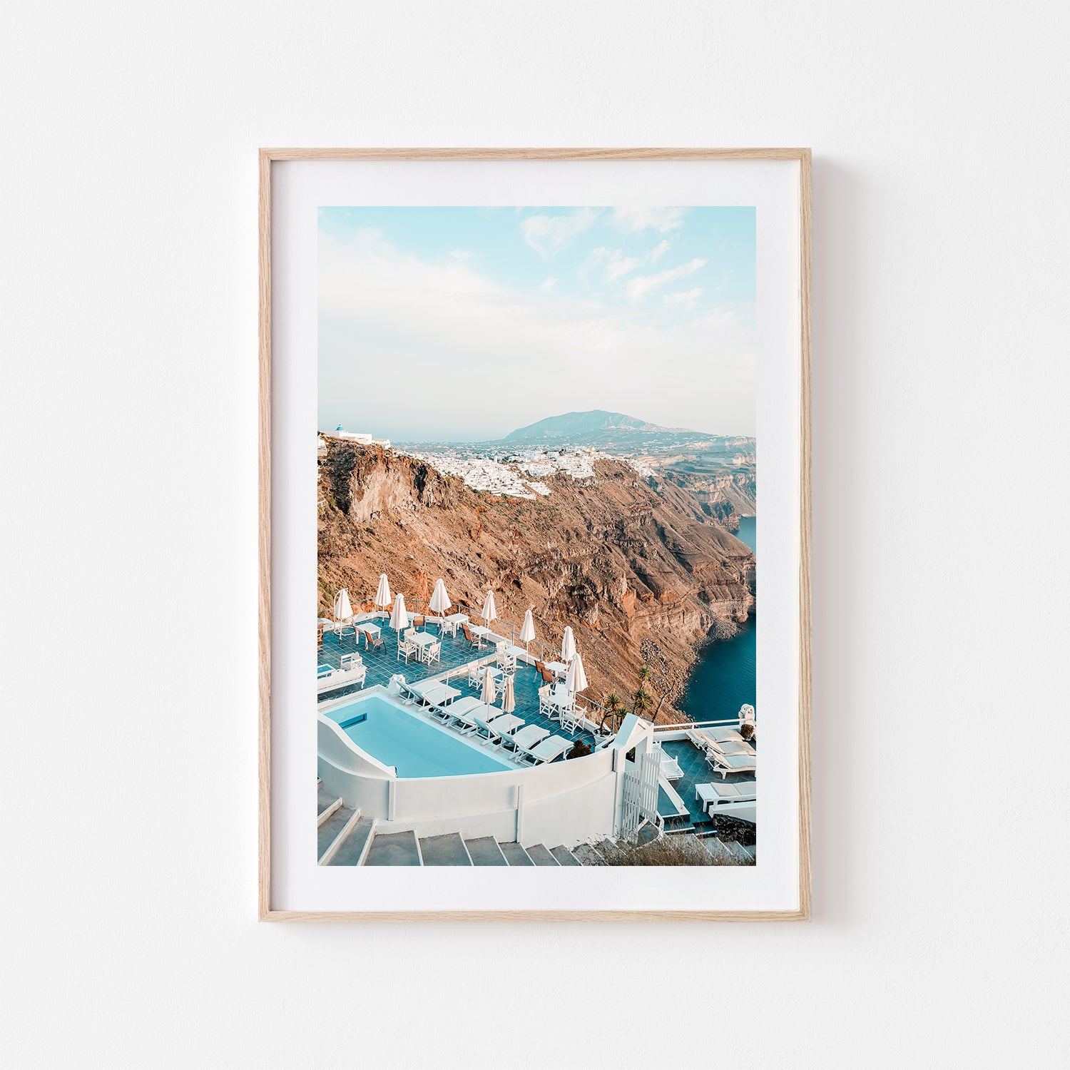 Santorini balcony overlooking Aegean Sea in oak frame - Mediterranean coastal wall art