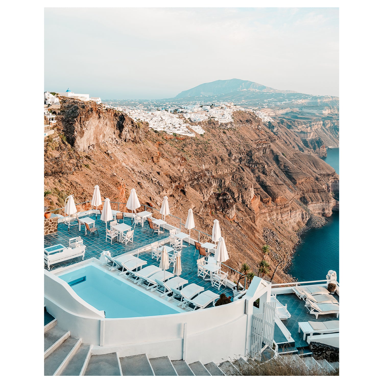 Santorini balcony overlooking Aegean Sea landscape - Mediterranean coastal wall art