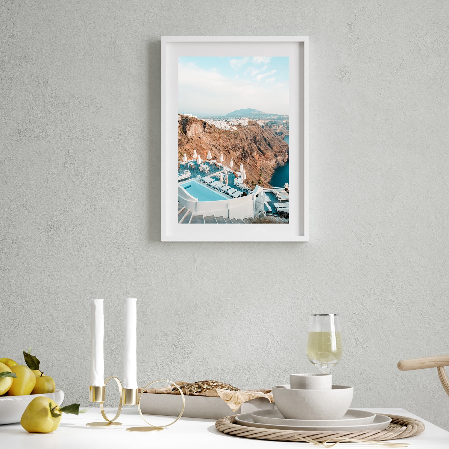 Santorini balcony overlooking Aegean Sea in white frame - Mediterranean coastal wall art