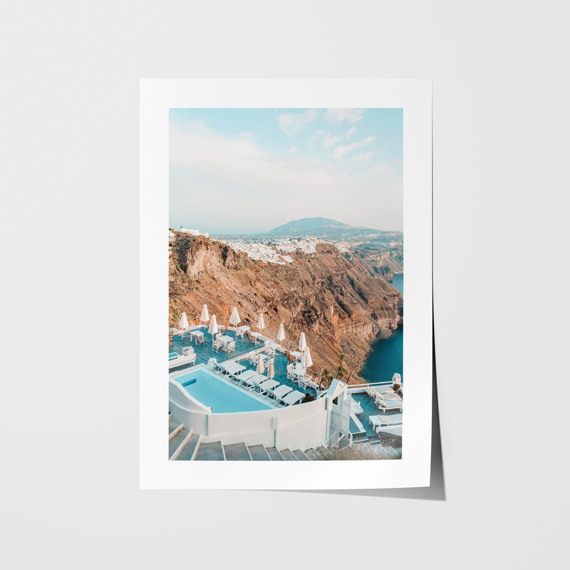 Santorini balcony overlooking Aegean Sea in white frame - Mediterranean coastal wall art
