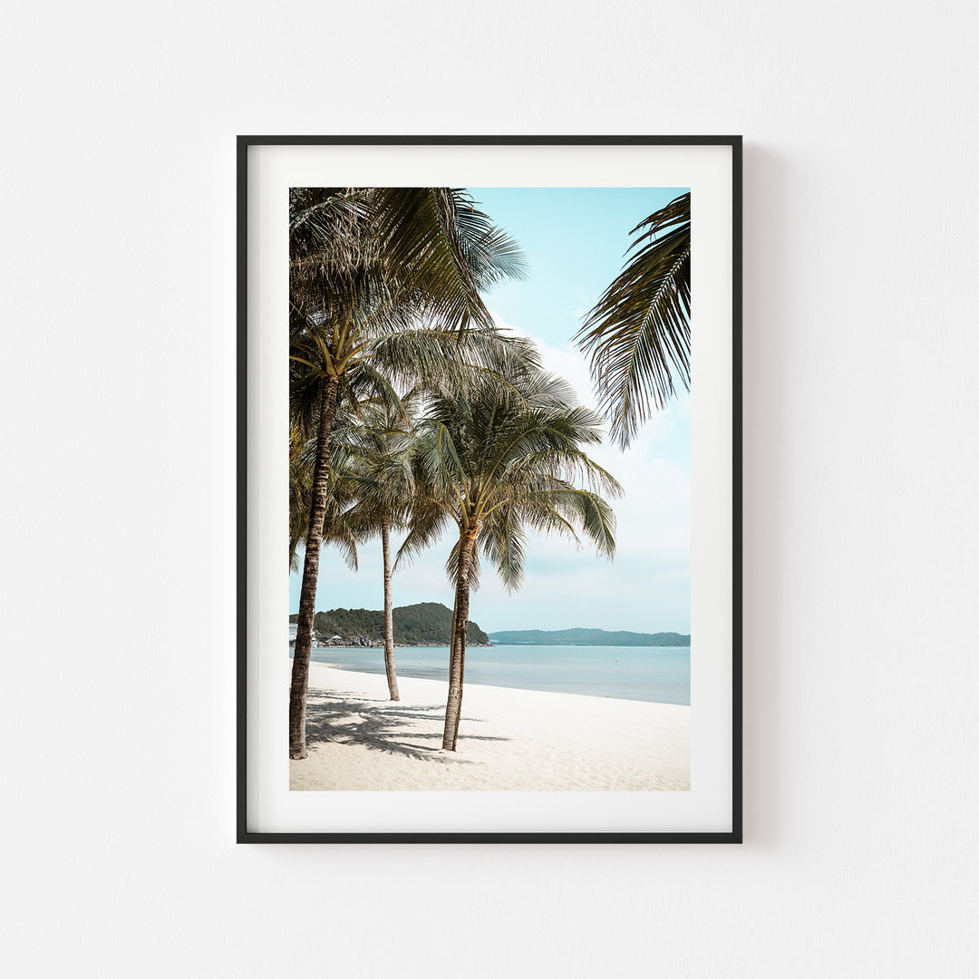 Beachside palm tree landscape in black frame - tropical coastal wall art for beach homes