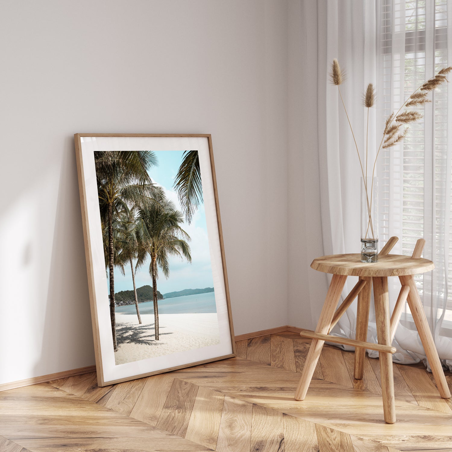 Beachside palm tree landscape in oak frame - tropical coastal wall art for beach homes
