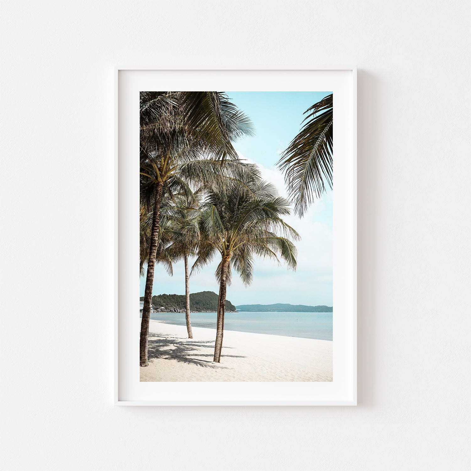 Beachside palm tree seascape in white frame - tropical coastal photography wall art
