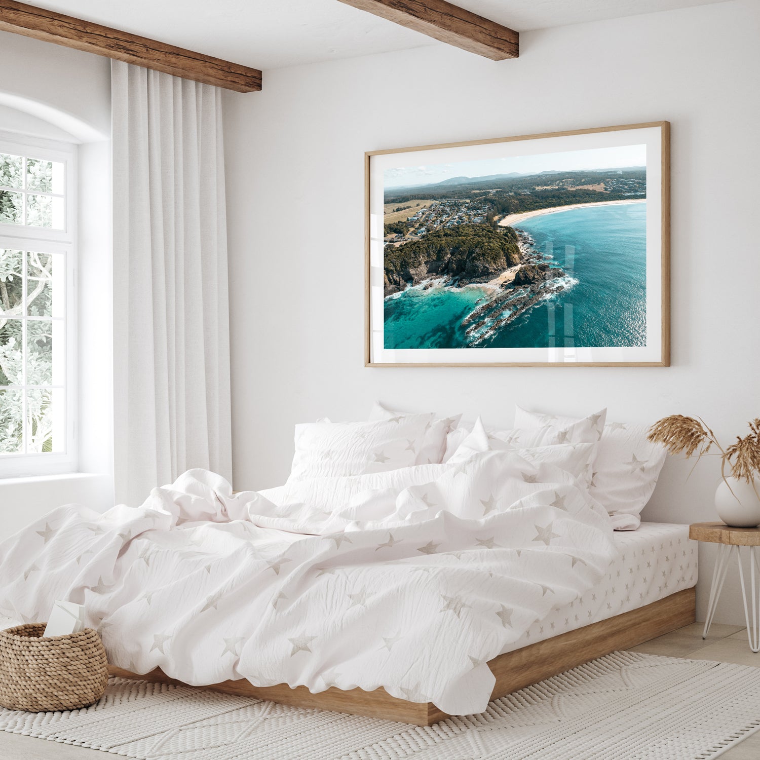 Black Head Beach coastal landscape in oak frame - Australian beach wall art