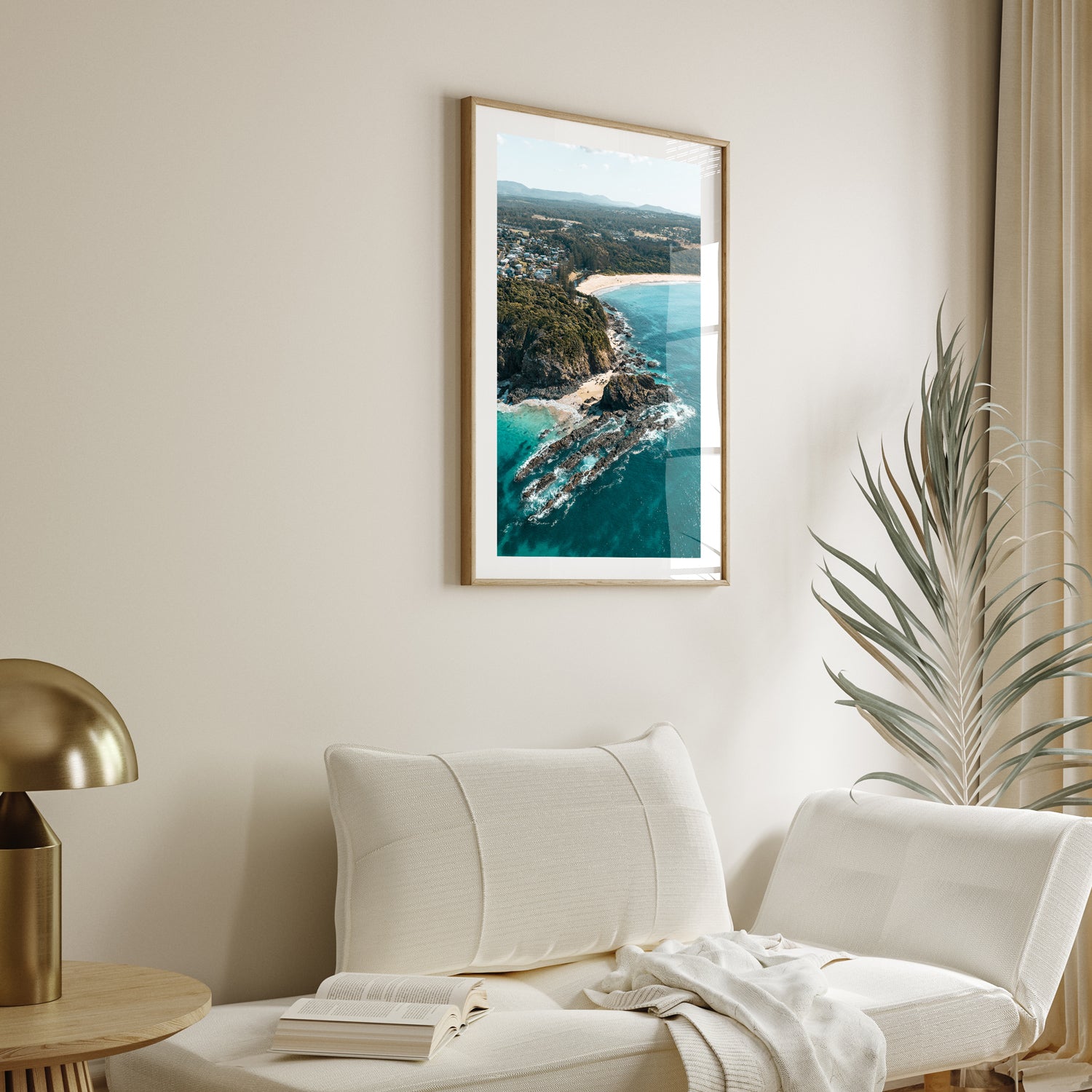 Black Head Beach seascape in oak frame - coastal landscape wall art for modern homes