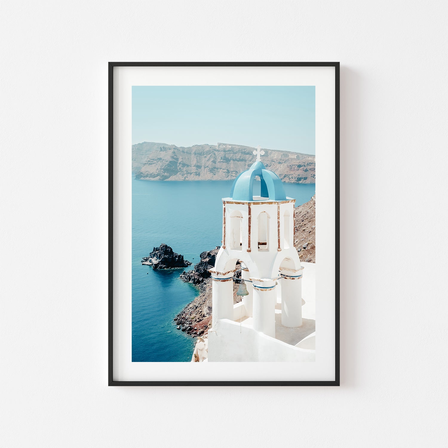 Iconic Santorini blue dome with ocean view in black frame - Mediterranean coastal wall art