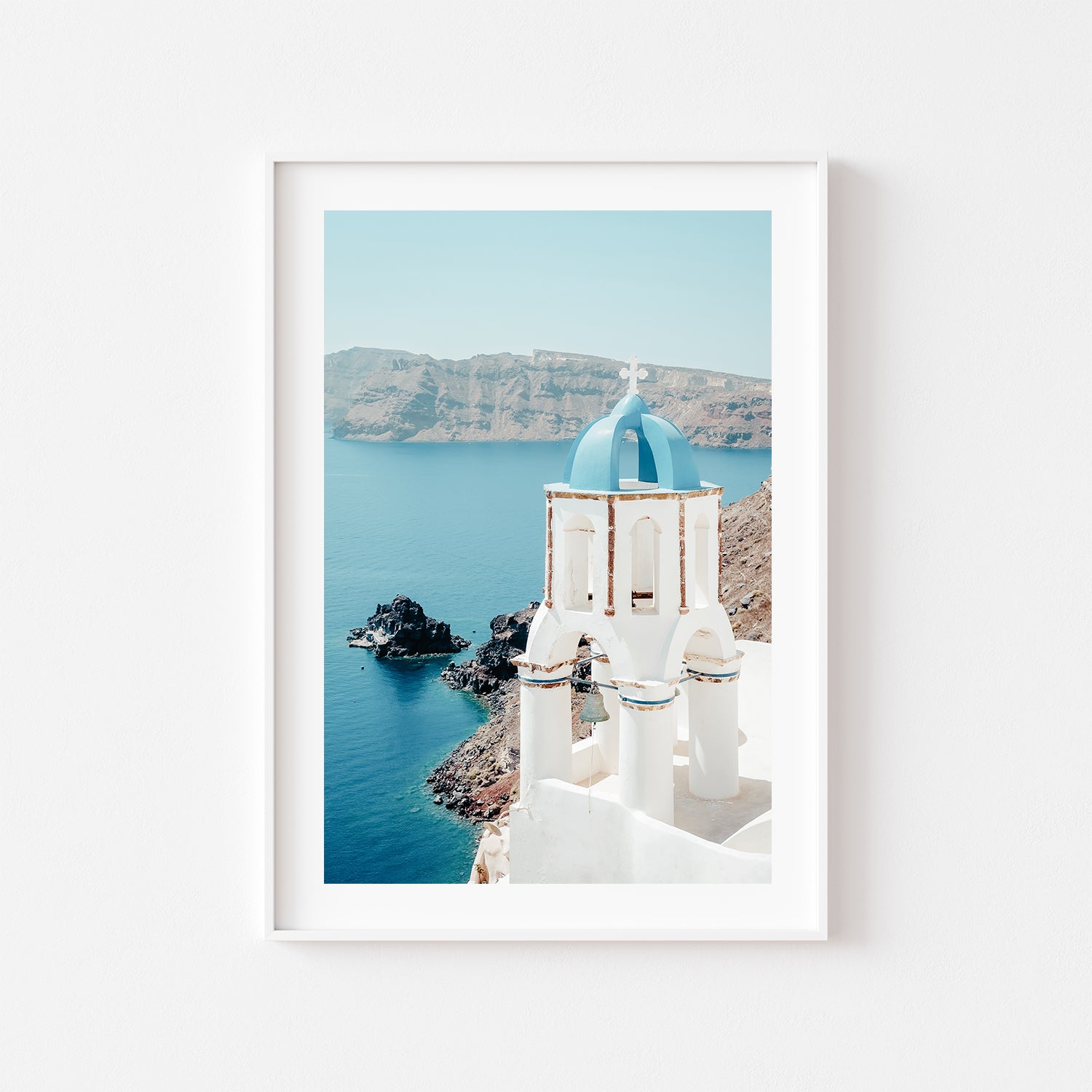 Santorini blue dome church in white frame - Mediterranean landscape wall art for coastal