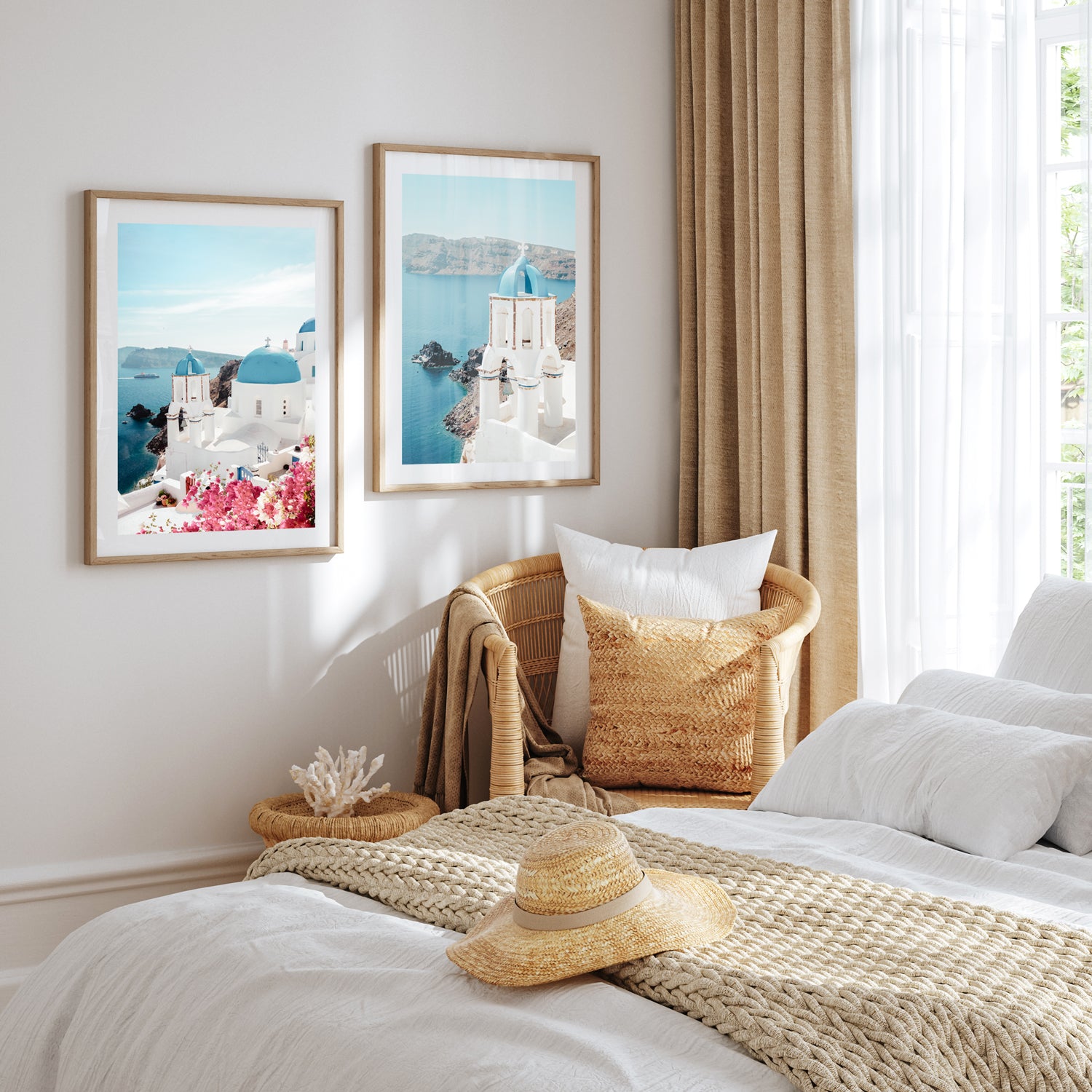 Santorini blue dome Mediterranean landscape in oak frame - Greek islands wall art