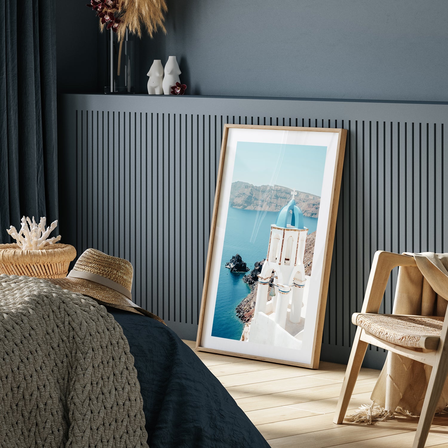 Santorini blue dome with white architecture in oak frame - Mediterranean coastal wall art