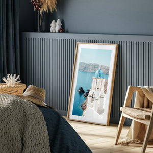 Santorini blue dome with white architecture in oak frame - Mediterranean coastal wall art