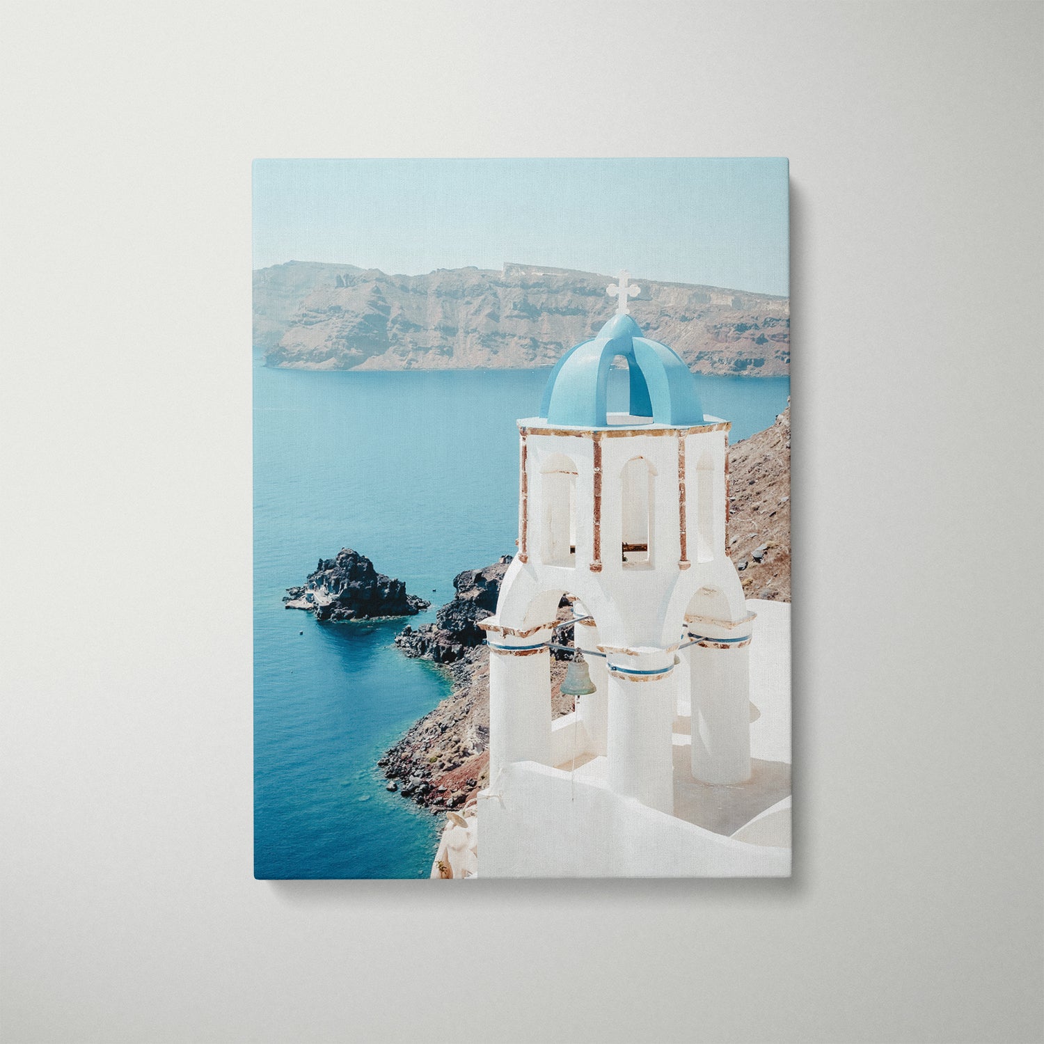 Iconic blue dome of Santorini in white frame - Mediterranean landscape wall art