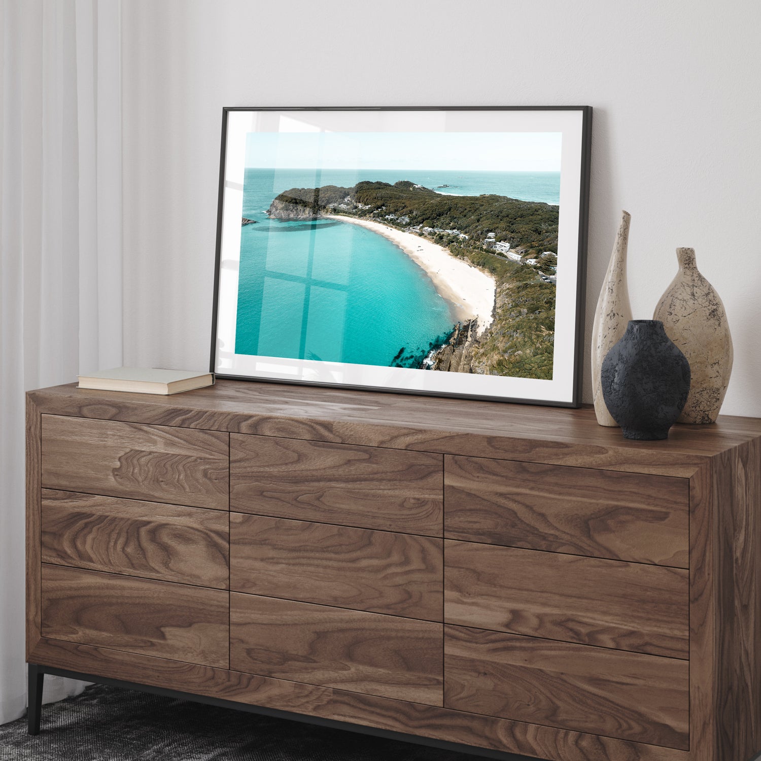Coastal boat at sandy beach landscape in black frame - nautical beach wall art