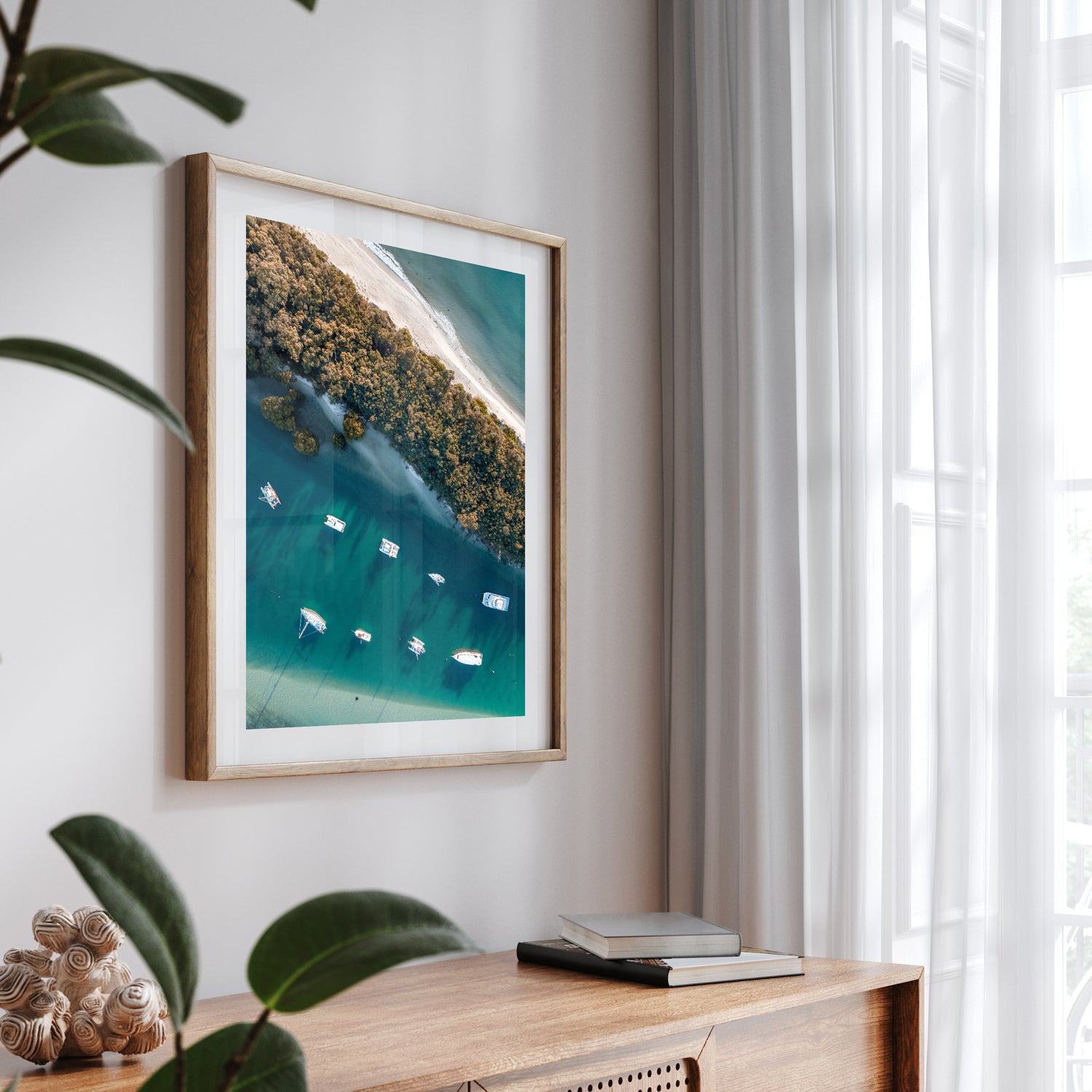 Jervis Bay boats at harbor in oak frame - coastal seascape wall art for beach homes