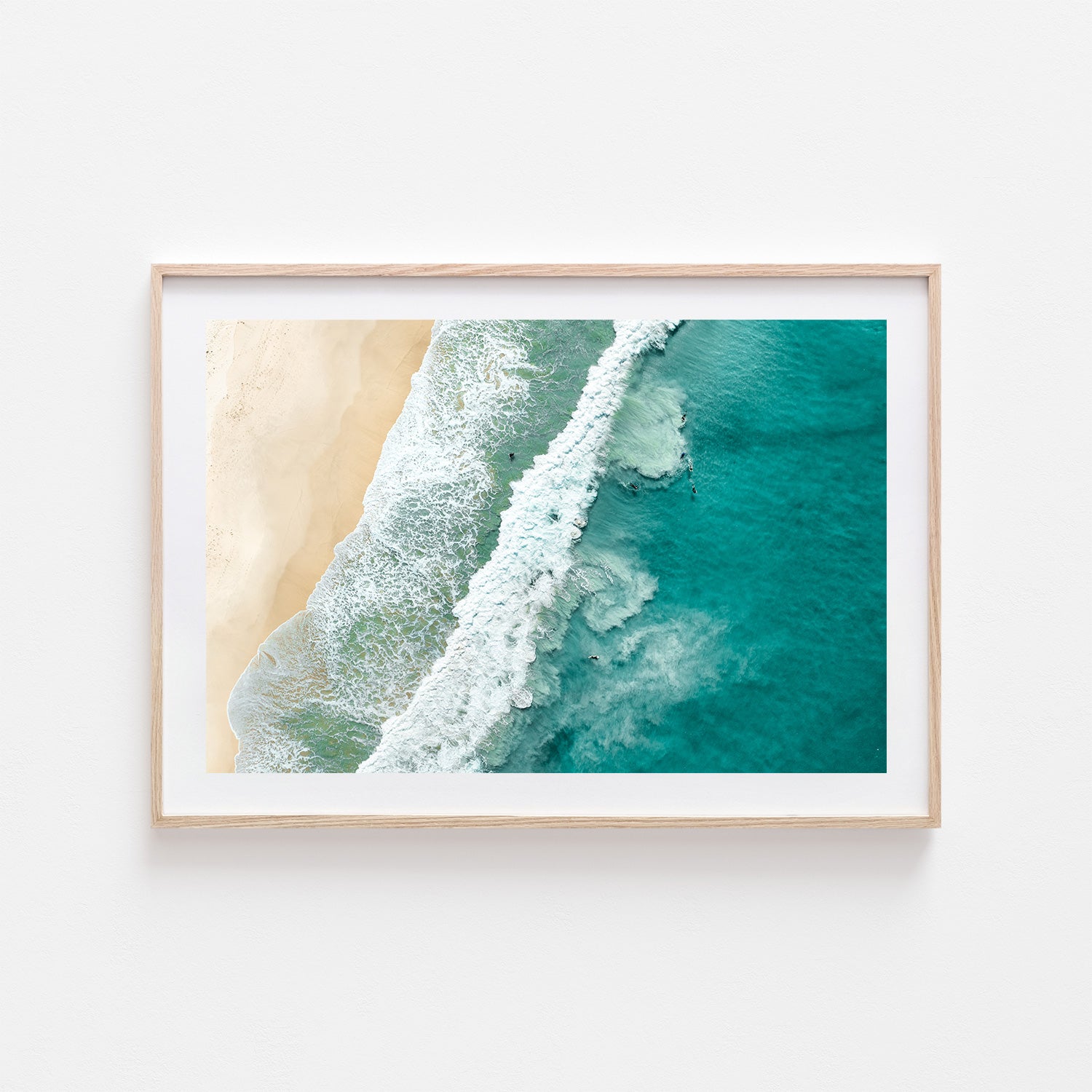 Port Stephens beach intervals in oak frame - geometric coastal photography wall art