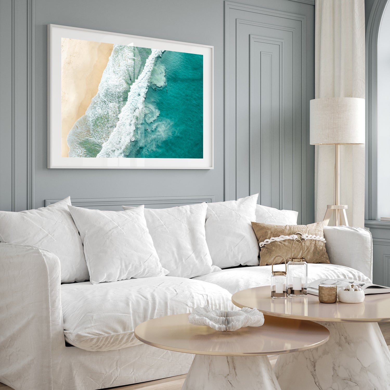 Port Stephens beach intervals in white frame - minimalist coastal photography wall art