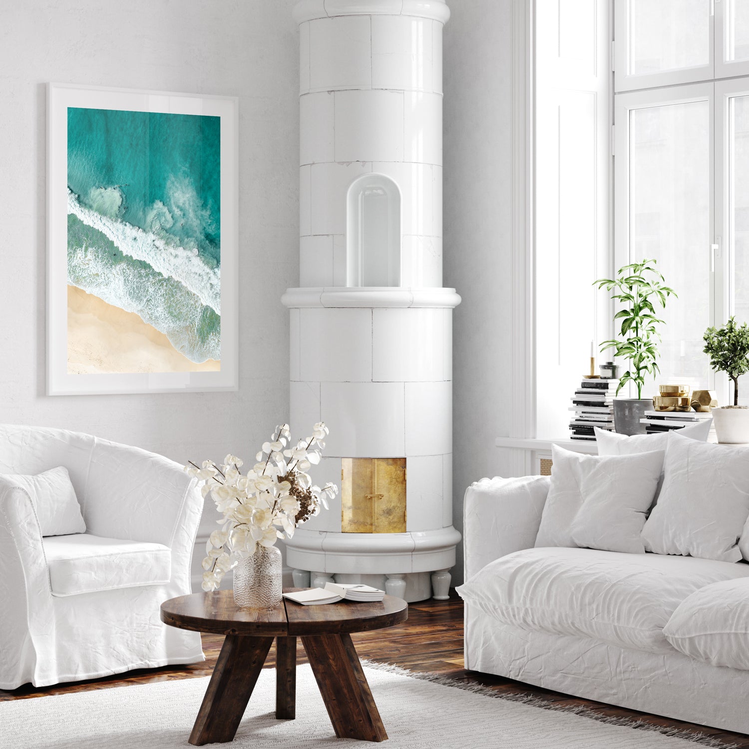 Port Stephens beach intervals in white frame - geometric coastal photography wall art